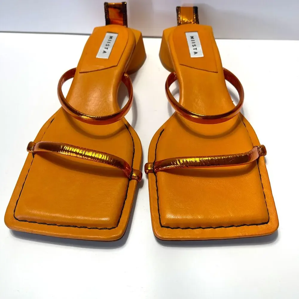 MIISTA NWOT Rejjie Metallic Square Toe Sandals in Orange Size 39/8.5